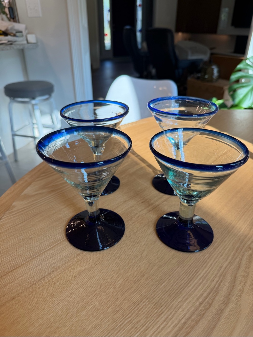 Vintage Mexican Hand Blown Margarita/Martini Glasses with Cobalt Blue Rim & Base